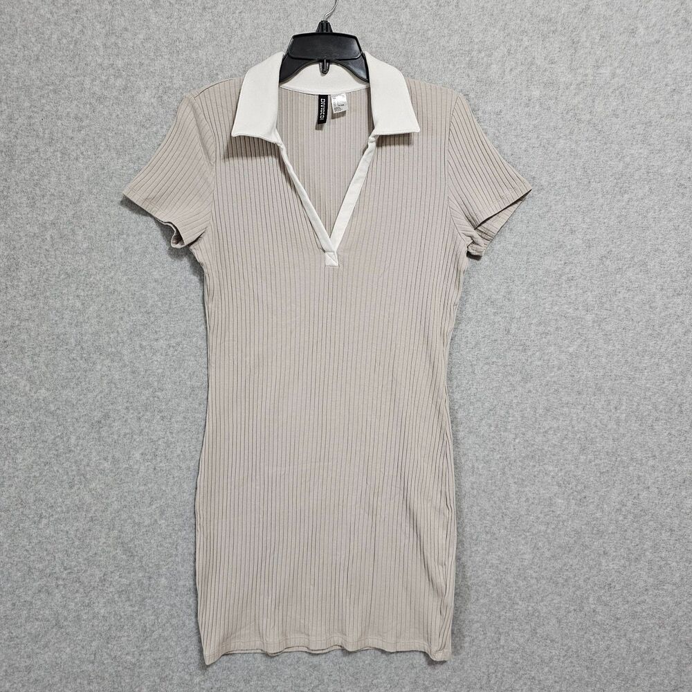 Divided H&M Shirt Dress Size L Short Sleeve Ribbed Below Knee Gray-ish Beige